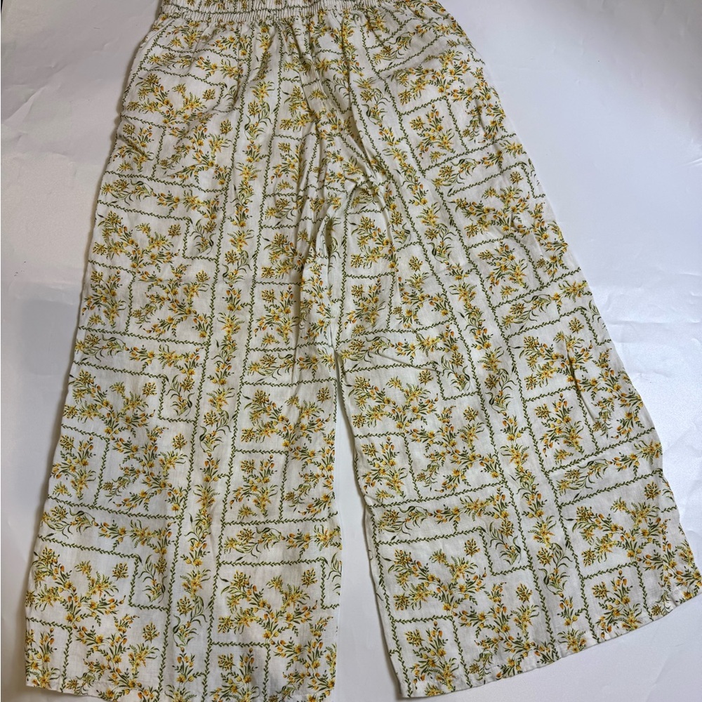 Joie Pants Ivory Floral Size Small 100% Linen Wide Leg Ankle Cropped Striped